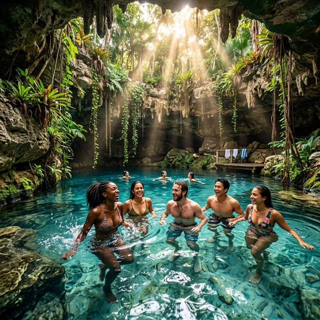 Amigos disfrutando de un hermoso cenote en México